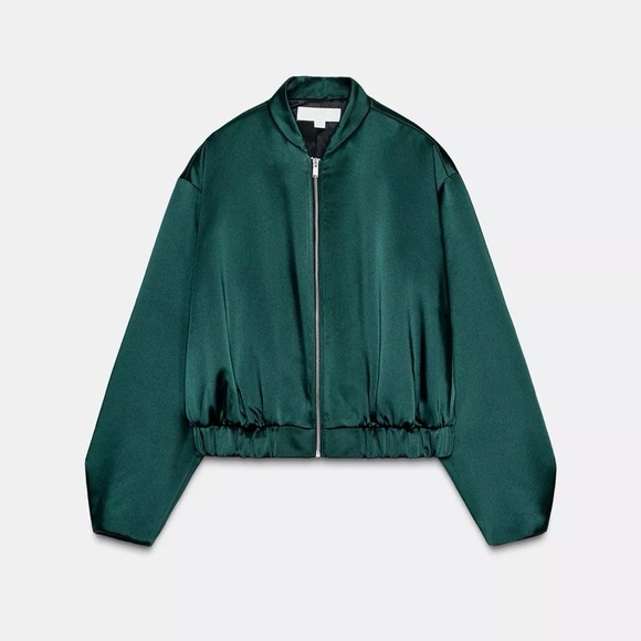 Zara Jackets & Blazers - Zara Deep Green Satin Bomber Jacket